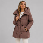 Women's padded puffer coat with hood and drawstring waist in Brown