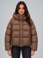 Brown oversized hooded puffer jacket front