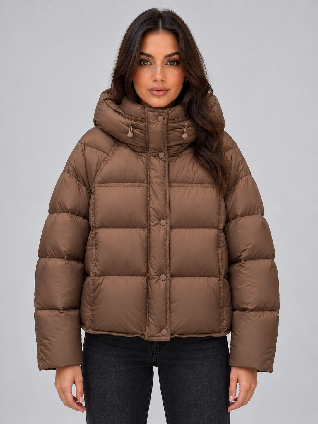 Brown oversized hooded puffer jacket front