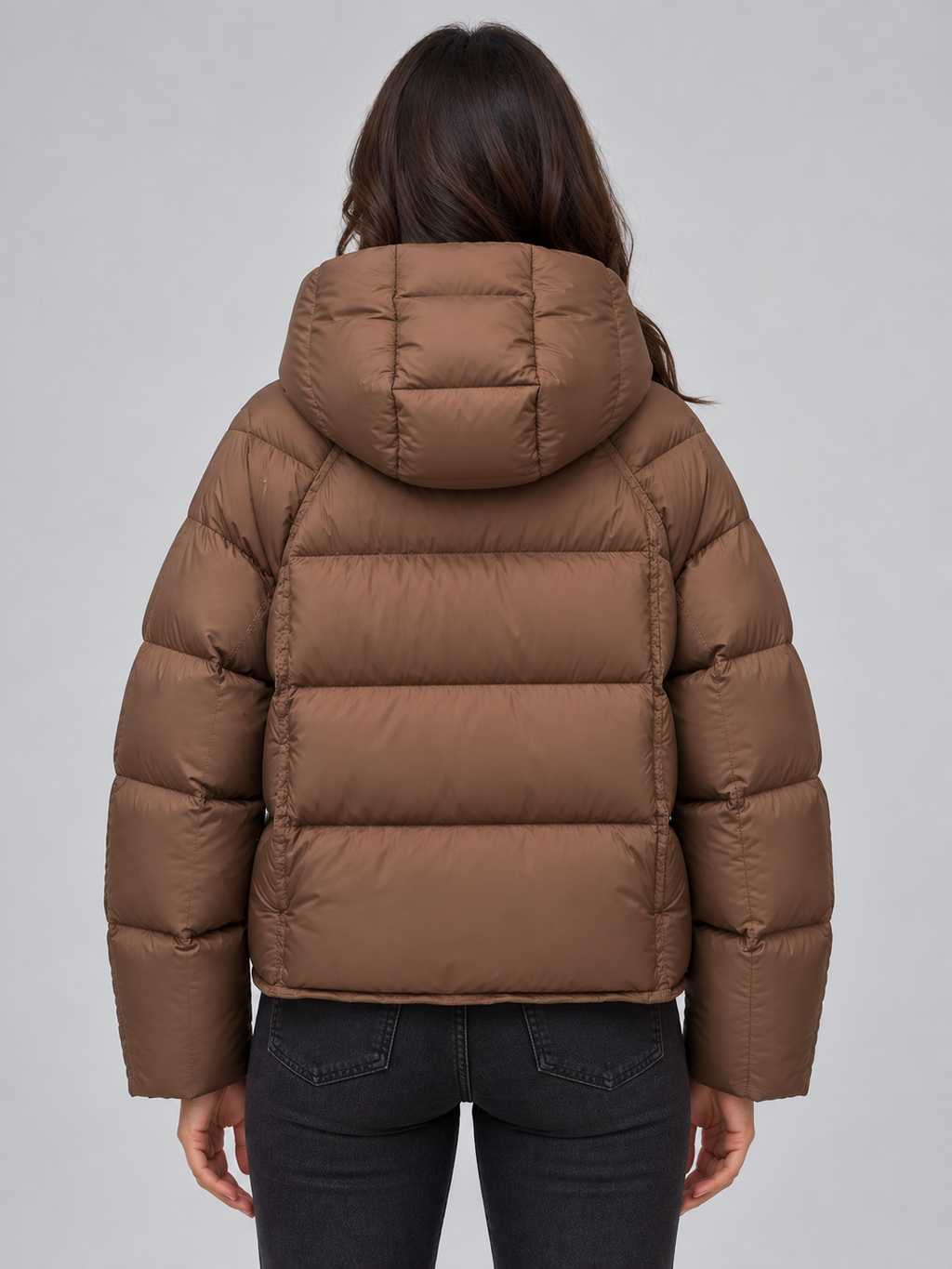 Brown oversized hooded puffer jacket detail