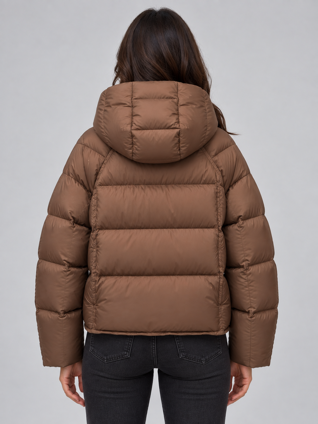 Brown oversized hooded puffer jacket detail