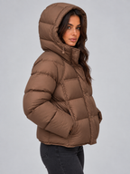 Black oversized hooded puffer jacket front