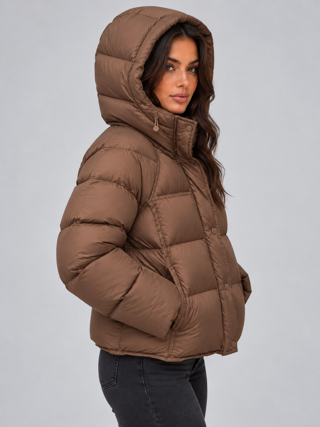 Black oversized hooded puffer jacket front