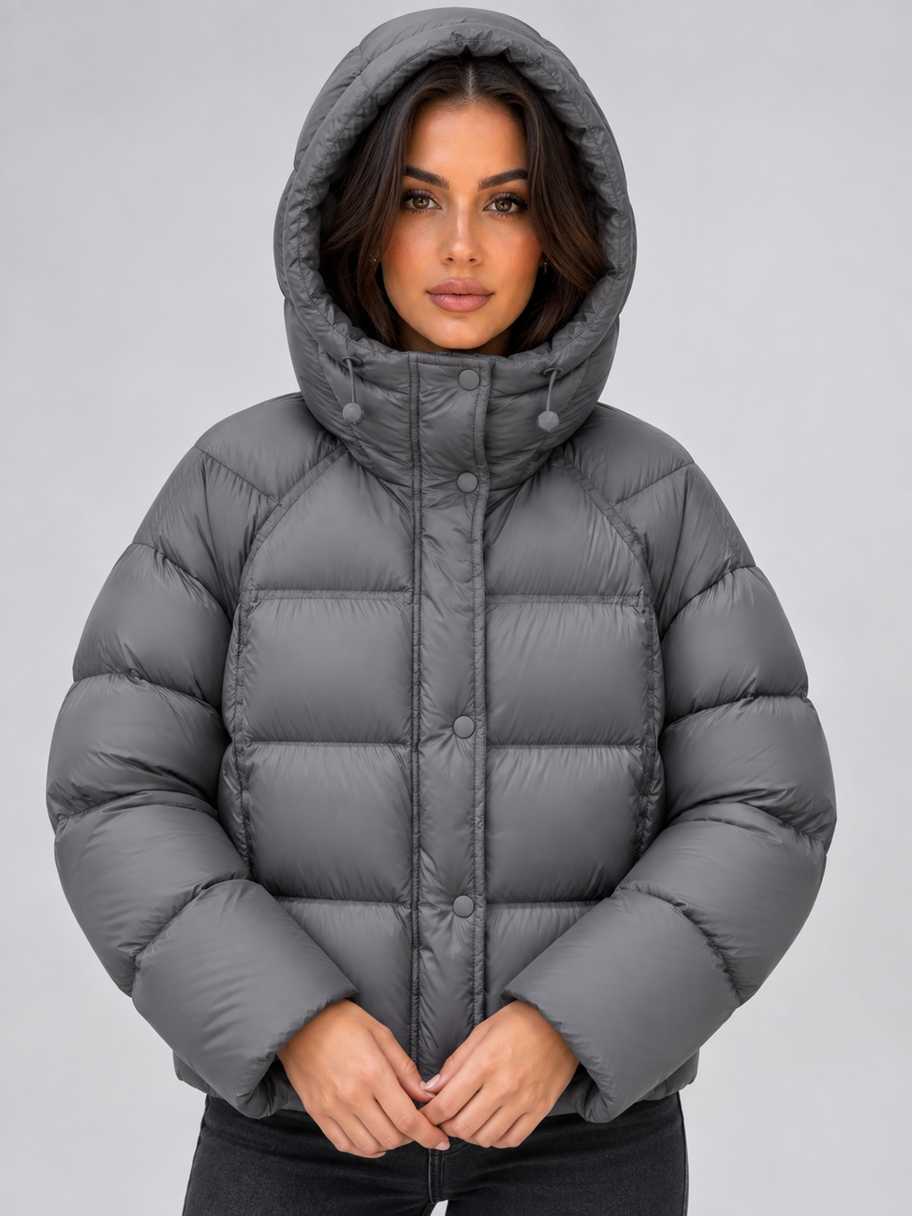 Grey oversized hooded puffer jacket front