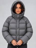 Grey oversized hooded puffer jacket front