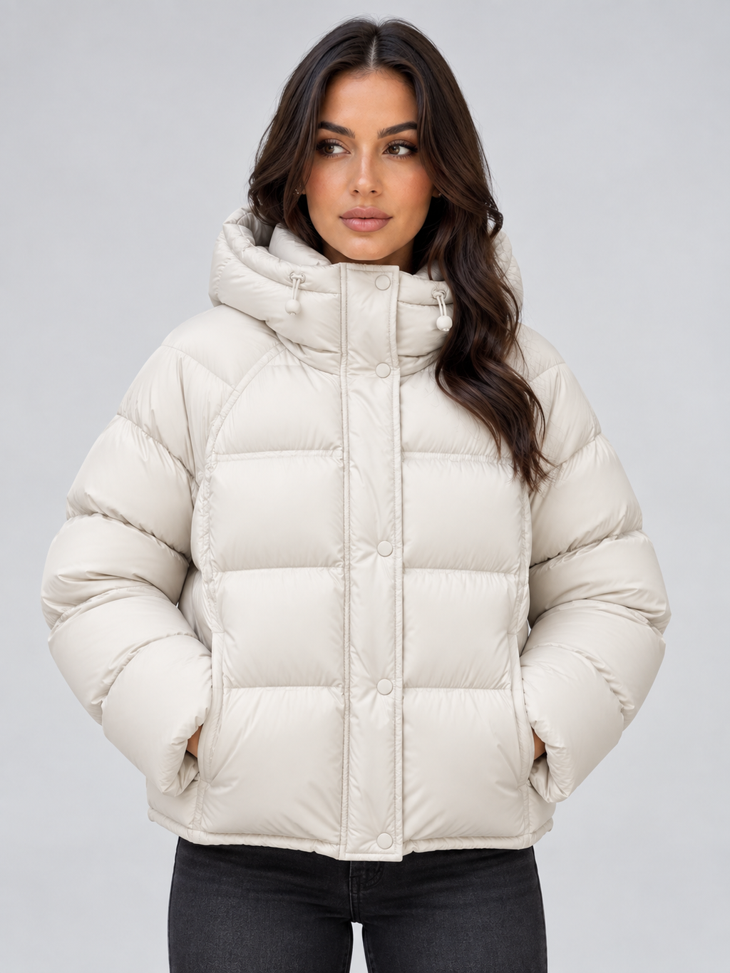 White oversized hooded puffer jacket front