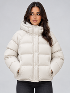 White oversized hooded puffer jacket front