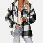 Women's Plaid Teddy Fleece Jacket with Button Front and Collar
