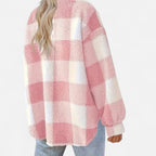 Women's Plaid Teddy Fleece Jacket with Button Front and Collar