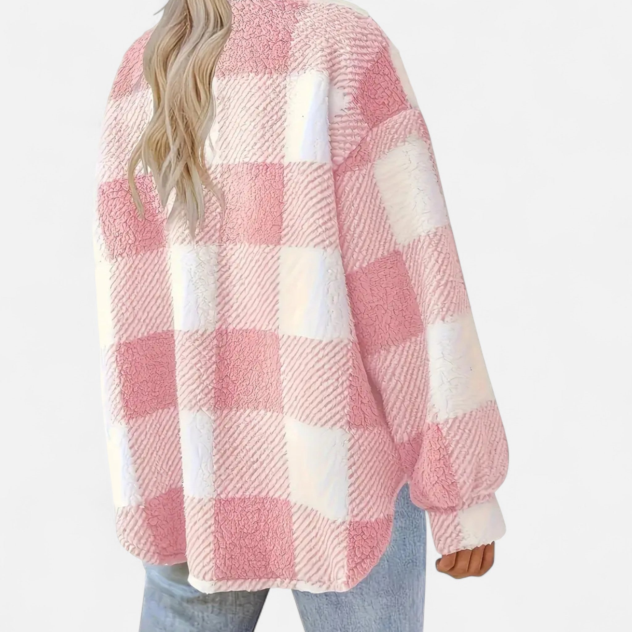 Women's Plaid Teddy Fleece Jacket with Button Front and Collar