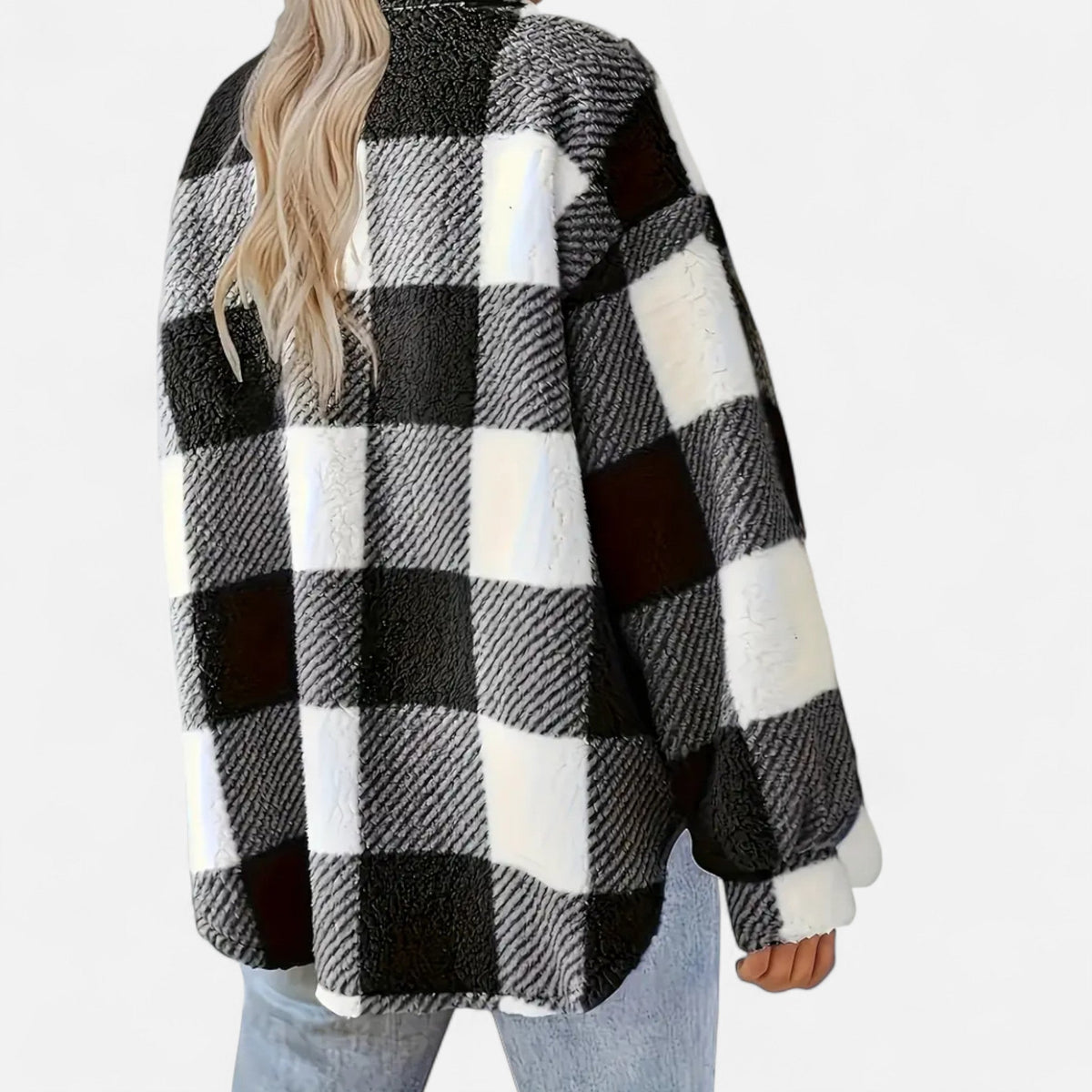 Women's Plaid Teddy Fleece Jacket with Button Front and Collar