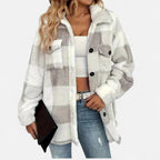 Women's Plaid Teddy Fleece Jacket with Button Front and Collar