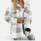 Women's Plaid Teddy Fleece Jacket with Button Front and Collar