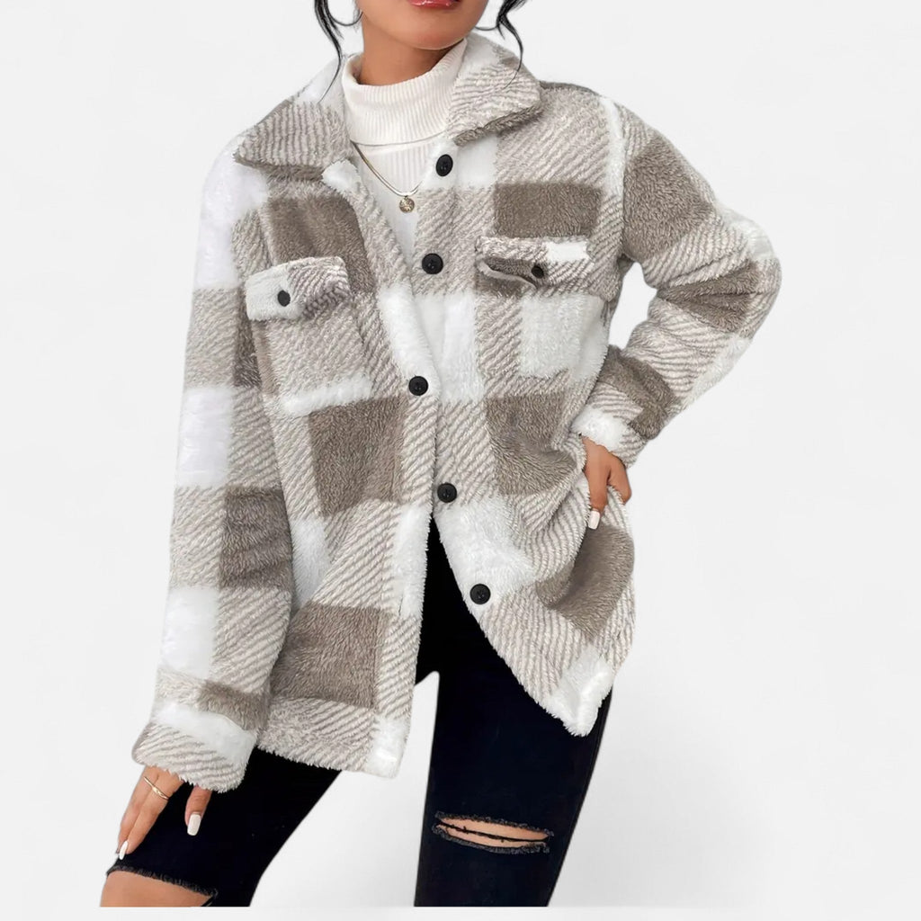 Women's Plaid Teddy Fleece Jacket with Button Front and Collar