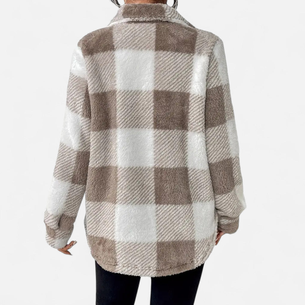 Women's Plaid Teddy Fleece Jacket with Button Front and Collar