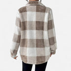Women's Plaid Teddy Fleece Jacket with Button Front and Collar