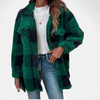 Women's Plaid Teddy Fleece Jacket with Button Front and Collar