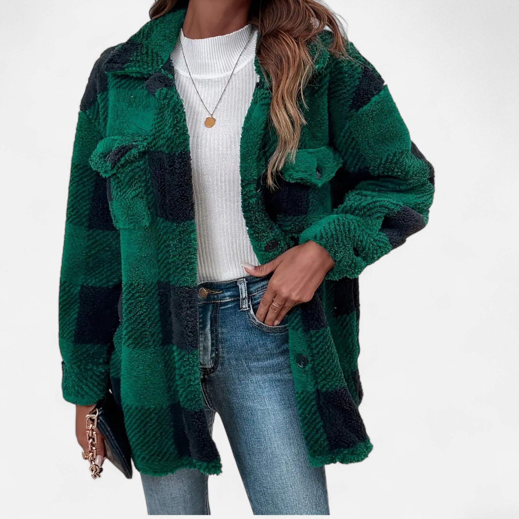 Women's Plaid Teddy Fleece Jacket with Button Front and Collar