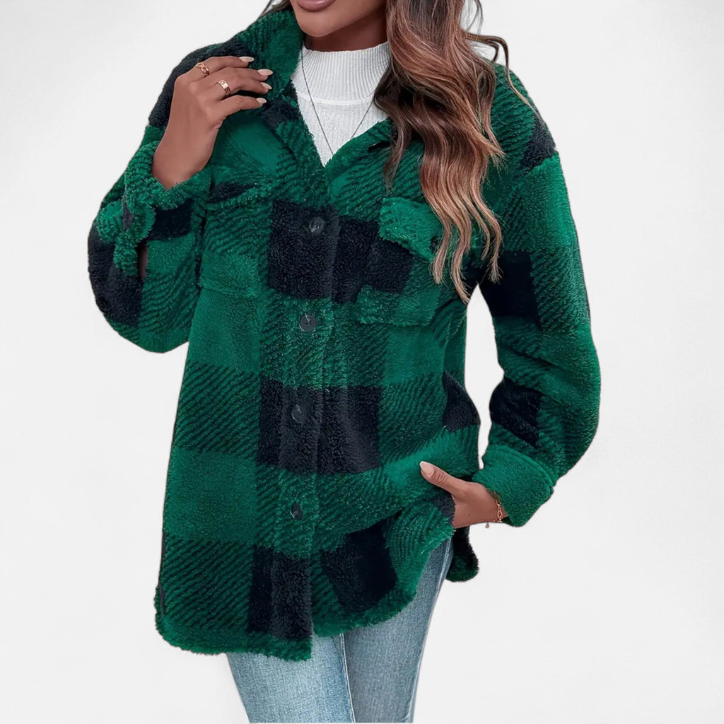 Women's Plaid Teddy Fleece Jacket with Button Front and Collar