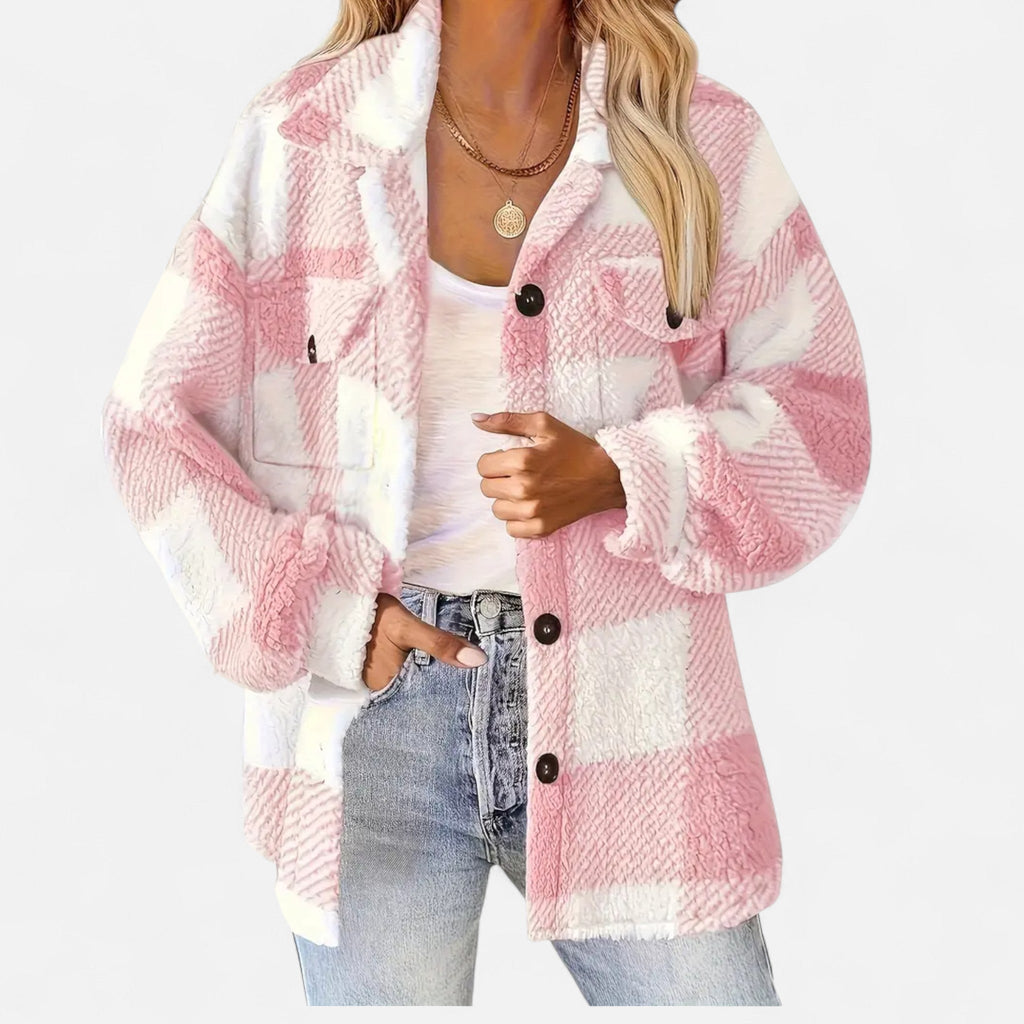 Women's Plaid Teddy Fleece Jacket with Button Front and Collar