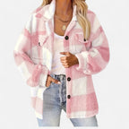 Women's Plaid Teddy Fleece Jacket with Button Front and Collar