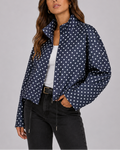 Women's Polka Dot Bomber Jacket with Stand Collar and Zip Front