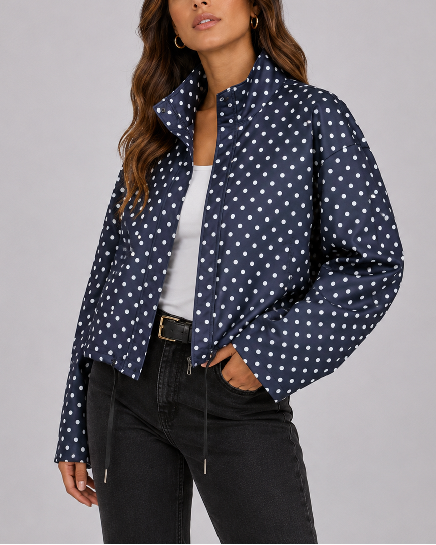 Women's Polka Dot Bomber Jacket with Stand Collar and Zip Front