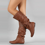 Women's Pull On Mid Calf Boots with Flat Sole and Slouch Shaft