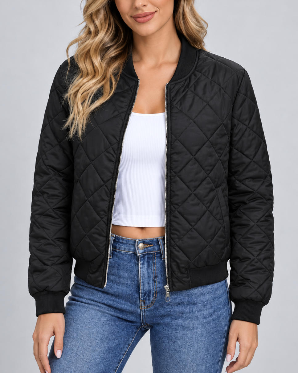 Women's Quilted Bomber Jacket with Zip Front and Ribbed Collar