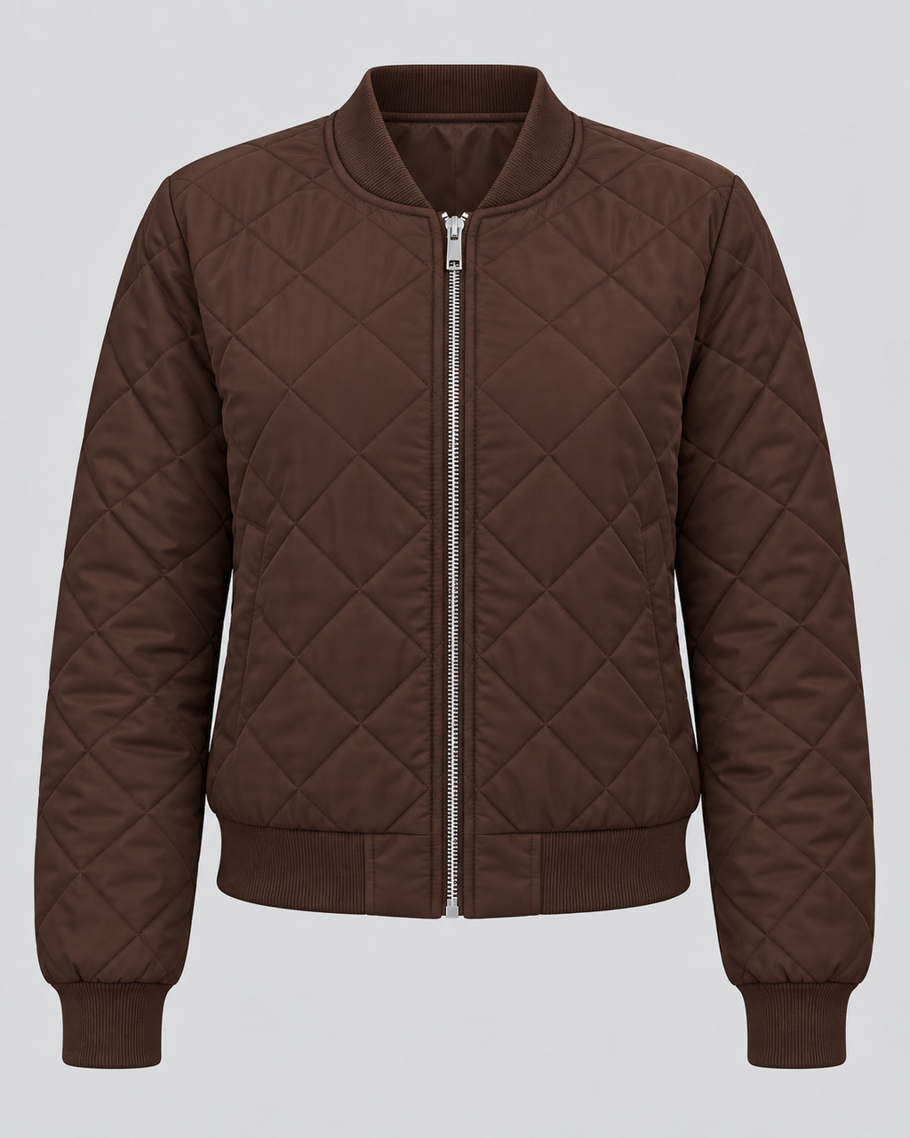 Women's Quilted Bomber Jacket with Zip Front and Ribbed Collar