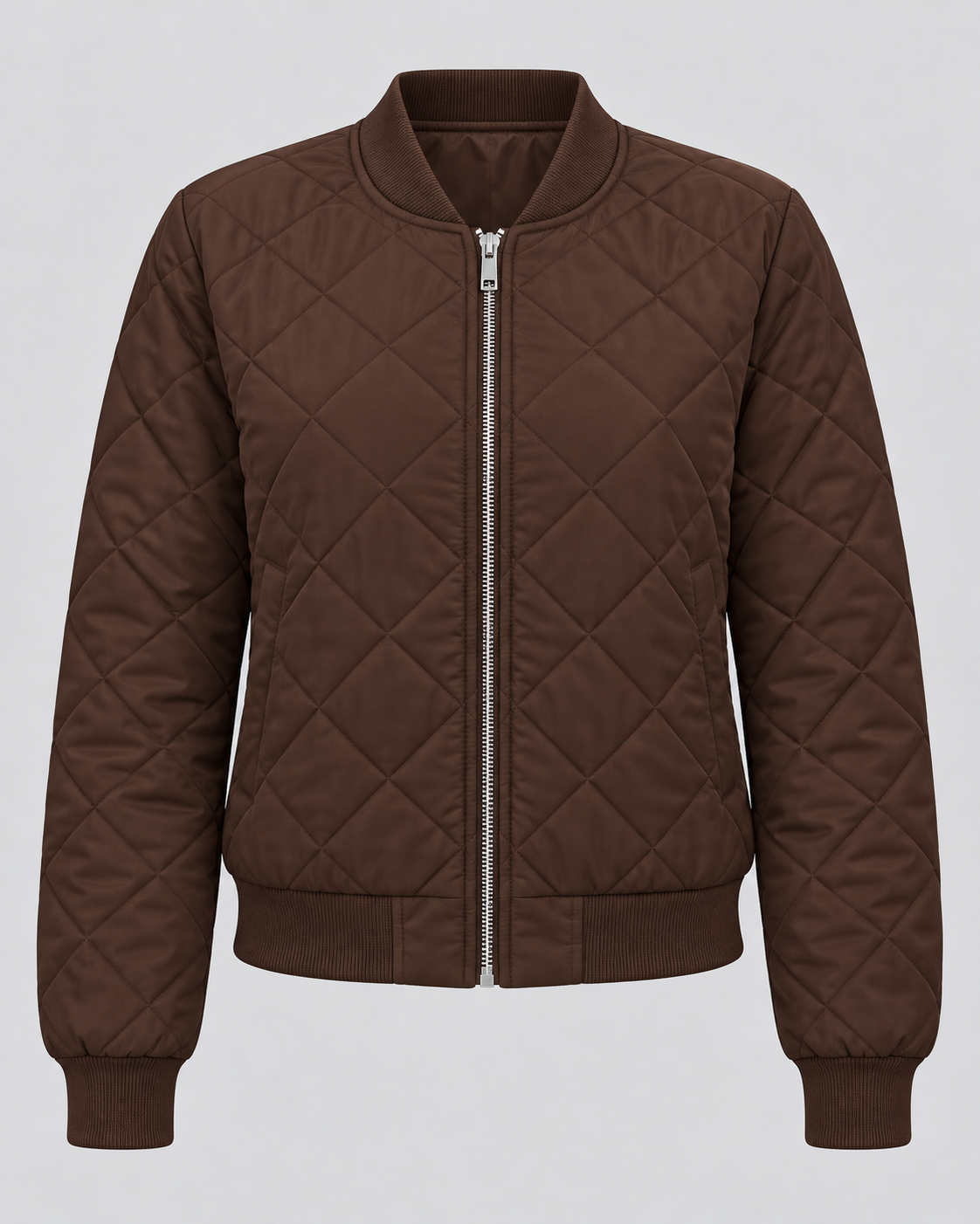 Women's Quilted Bomber Jacket with Zip Front and Ribbed Collar