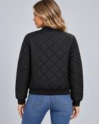 Women's Quilted Bomber Jacket with Zip Front and Ribbed Collar