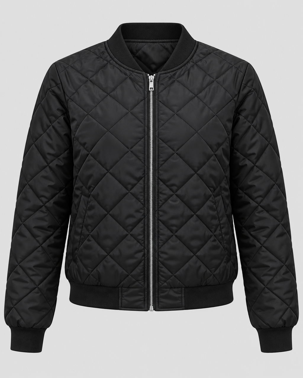 Women's Quilted Bomber Jacket with Zip Front and Ribbed Collar