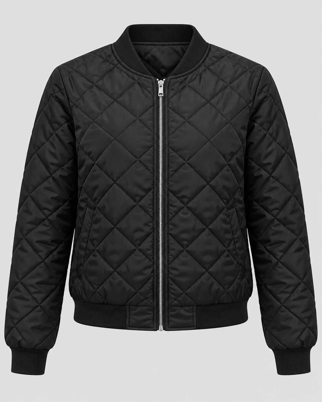 Women's Quilted Bomber Jacket with Zip Front and Ribbed Collar