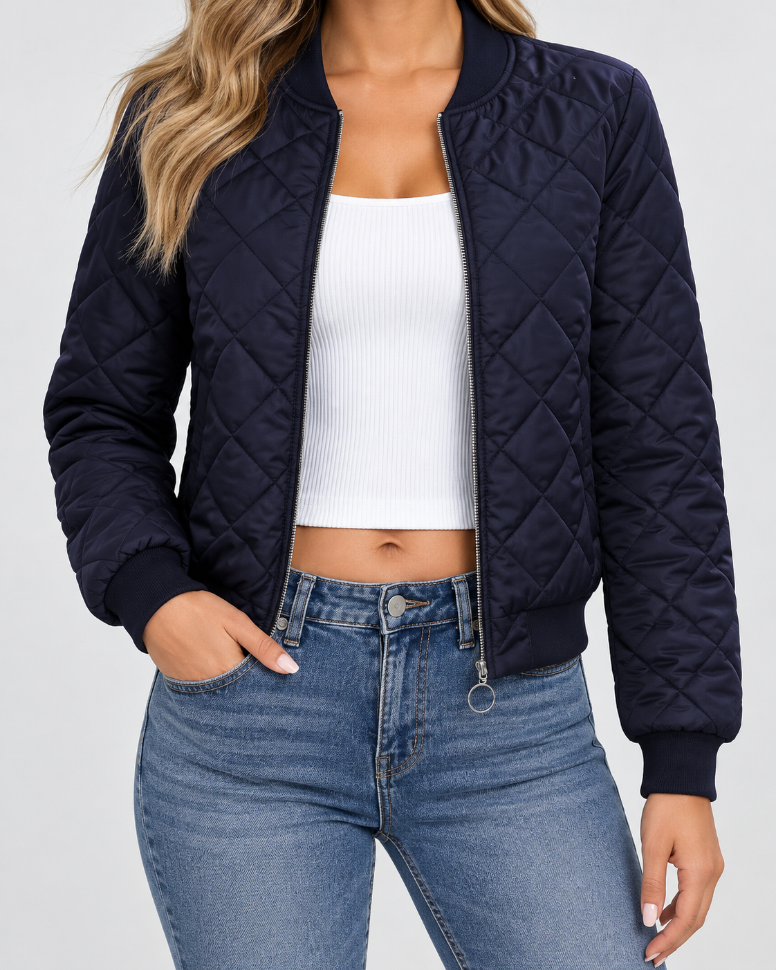 Women's Quilted Bomber Jacket with Zip Front and Ribbed Collar