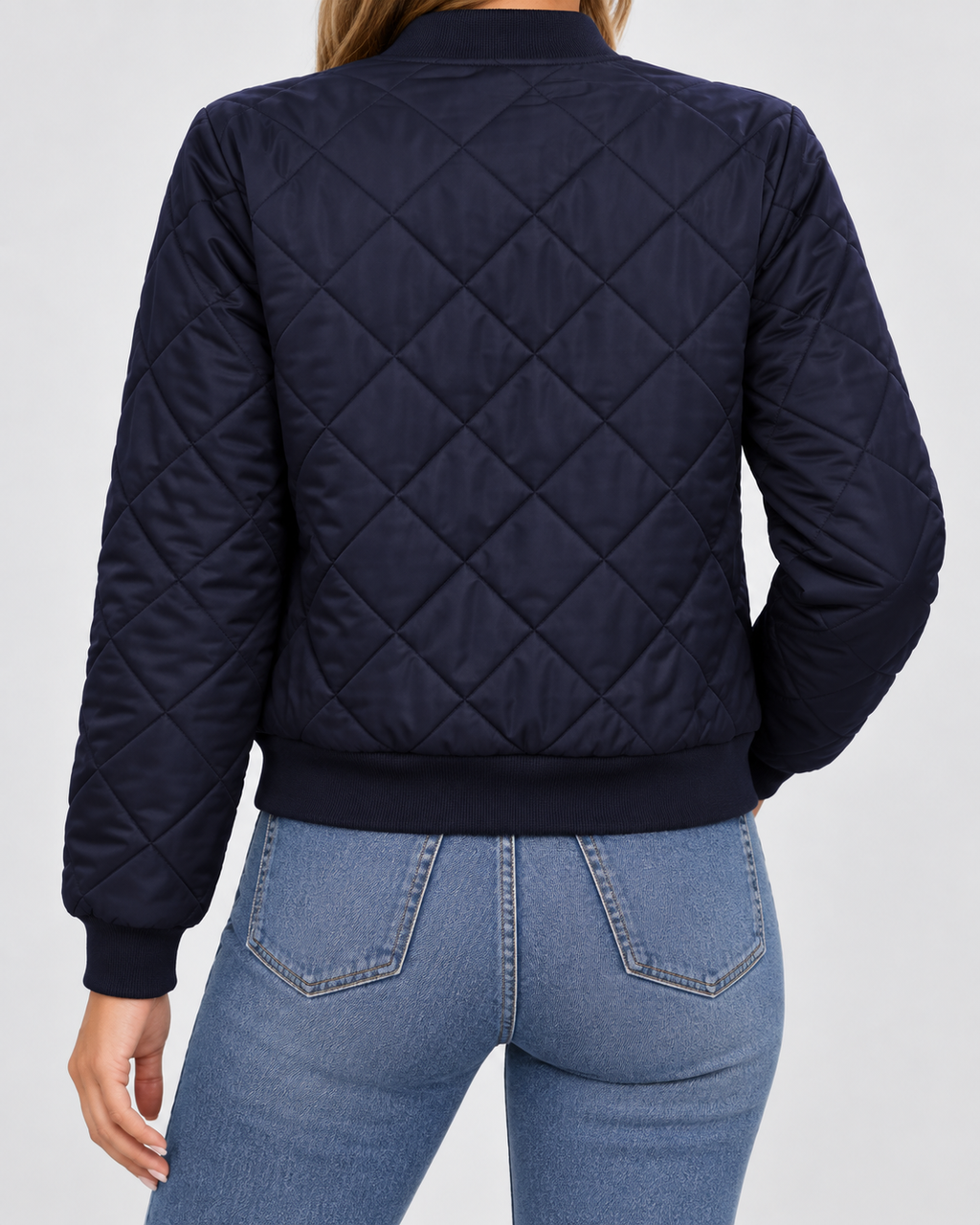 Women's Quilted Bomber Jacket with Zip Front and Ribbed Collar