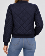 Women's Quilted Bomber Jacket with Zip Front and Ribbed Collar