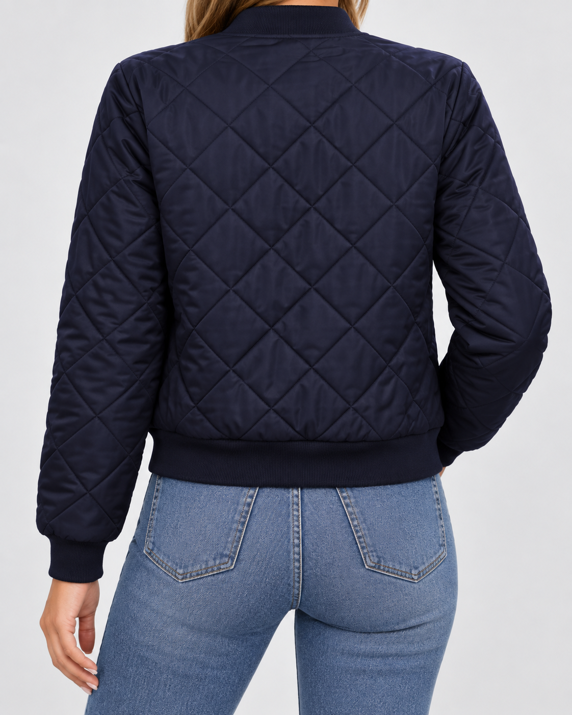 Women's Quilted Bomber Jacket with Zip Front and Ribbed Collar