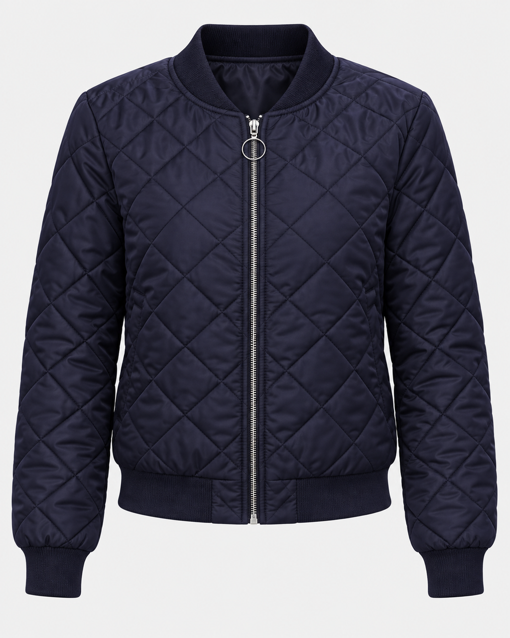 Women's Quilted Bomber Jacket with Zip Front and Ribbed Collar