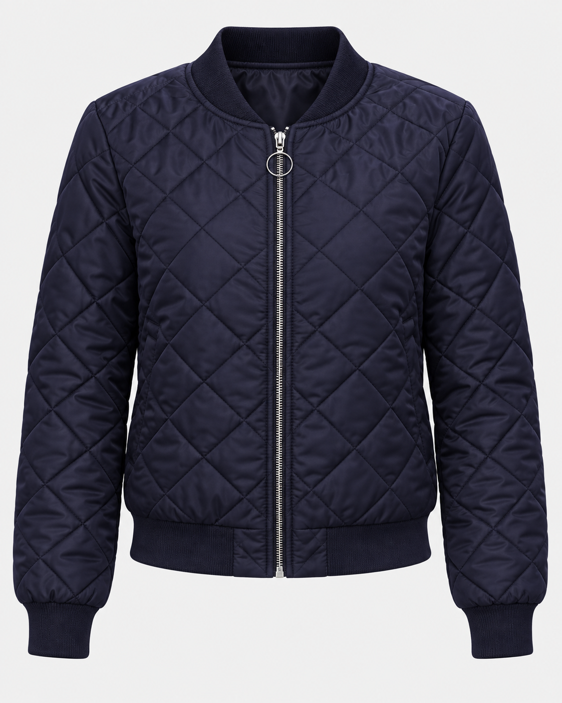 Women's Quilted Bomber Jacket with Zip Front and Ribbed Collar