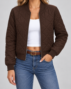 Women's Quilted Bomber Jacket with Zip Front and Ribbed Collar