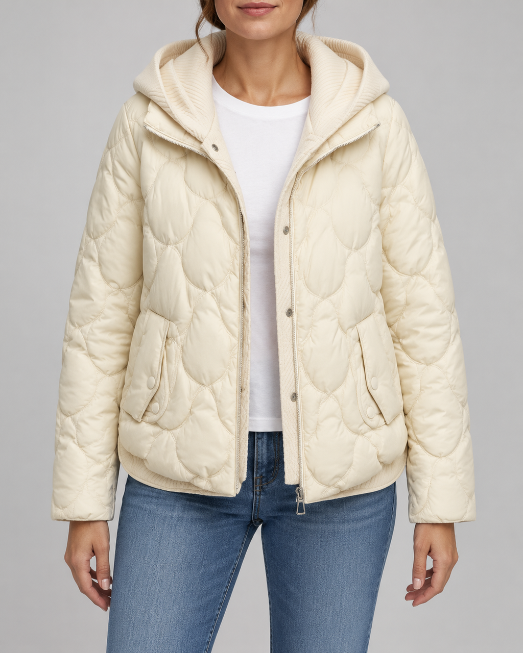 Women's Quilted Jacket with Ribbed Knit Hood and Snap Flap Pockets in Off White – Front View