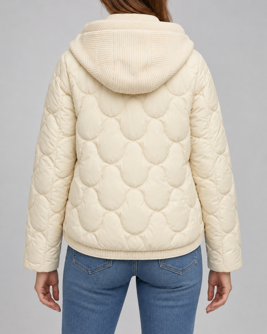 Women's Quilted Jacket with Ribbed Knit Hood and Snap Flap Pockets in Off White – Back View