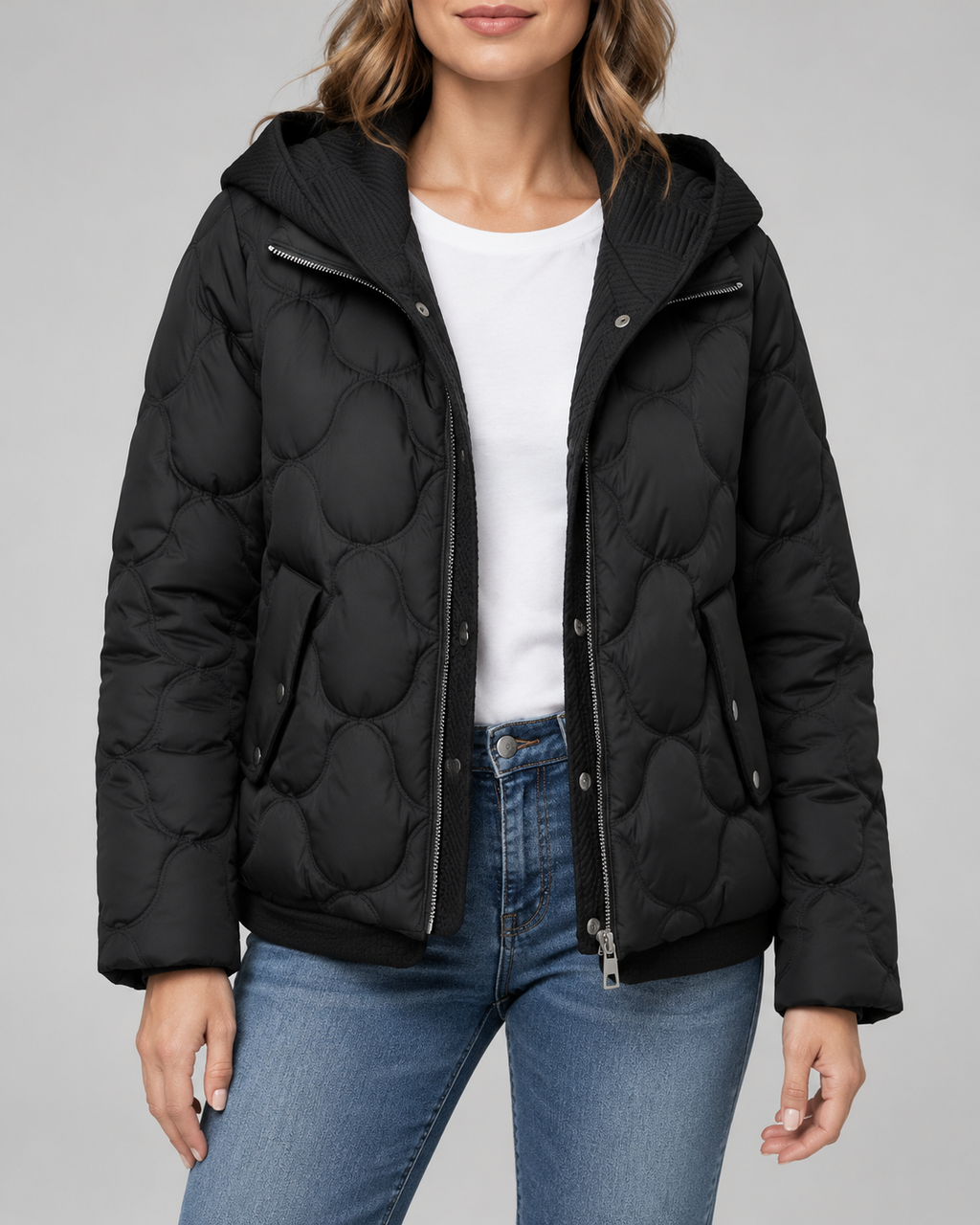 Women's Quilted Jacket with Ribbed Knit Hood and Snap Flap Pockets in Black – Front View