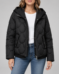 Women's Quilted Jacket with Ribbed Knit Hood and Snap Flap Pockets in Black – Front View