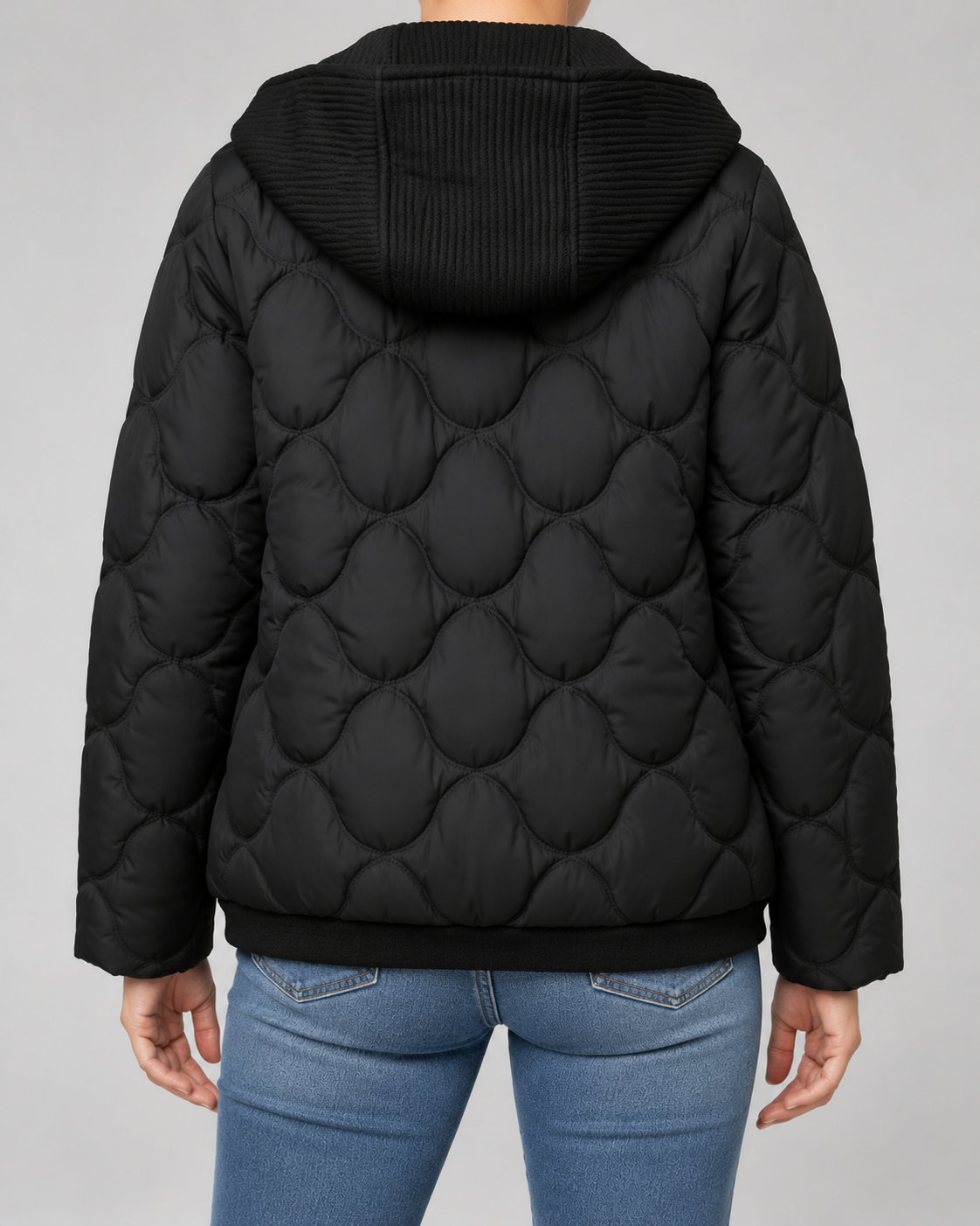 Women's Quilted Jacket with Ribbed Knit Hood and Snap Flap Pockets in Black – Back View