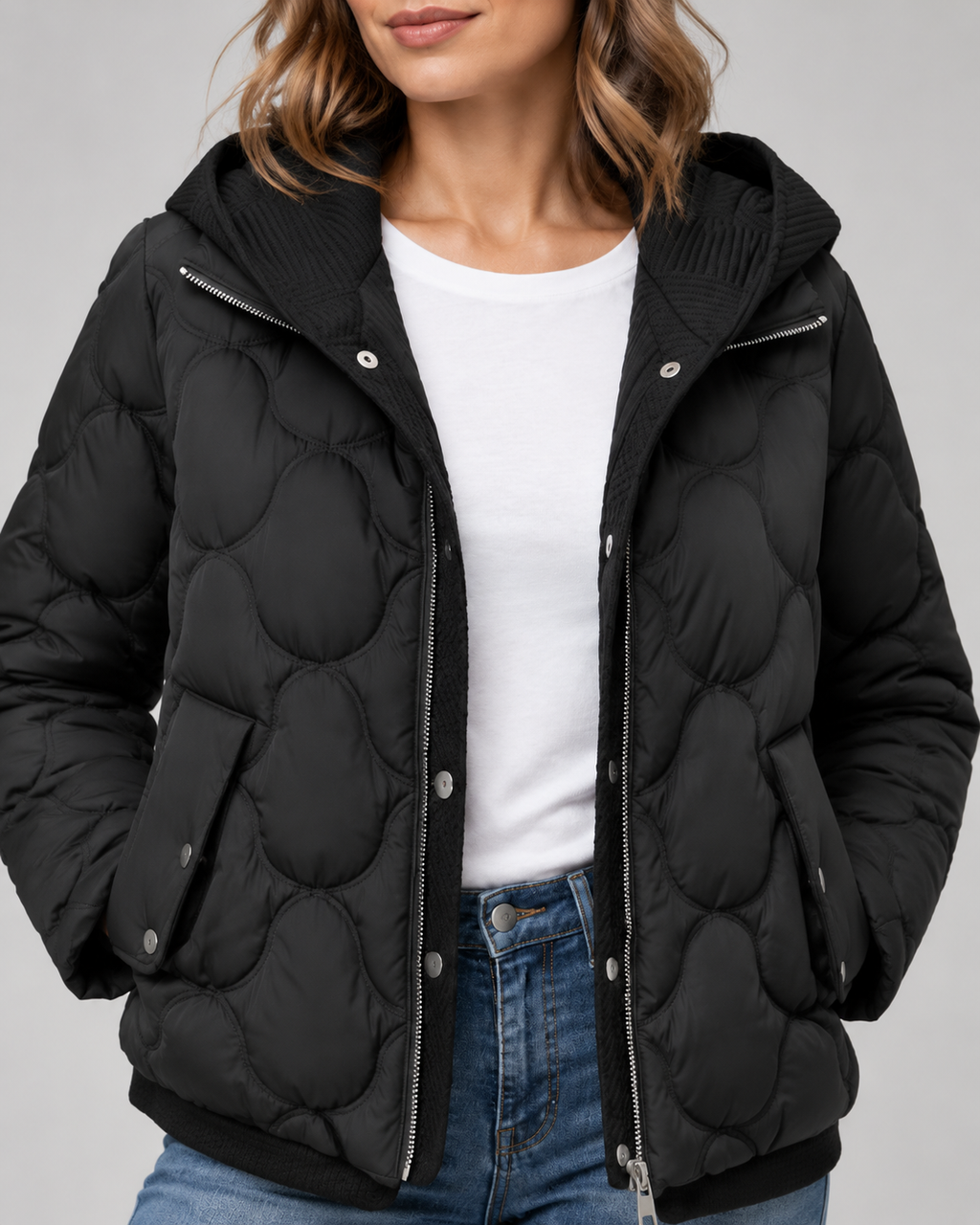 Women's Quilted Jacket with Ribbed Knit Hood and Snap Flap Pockets in Black – Detail
