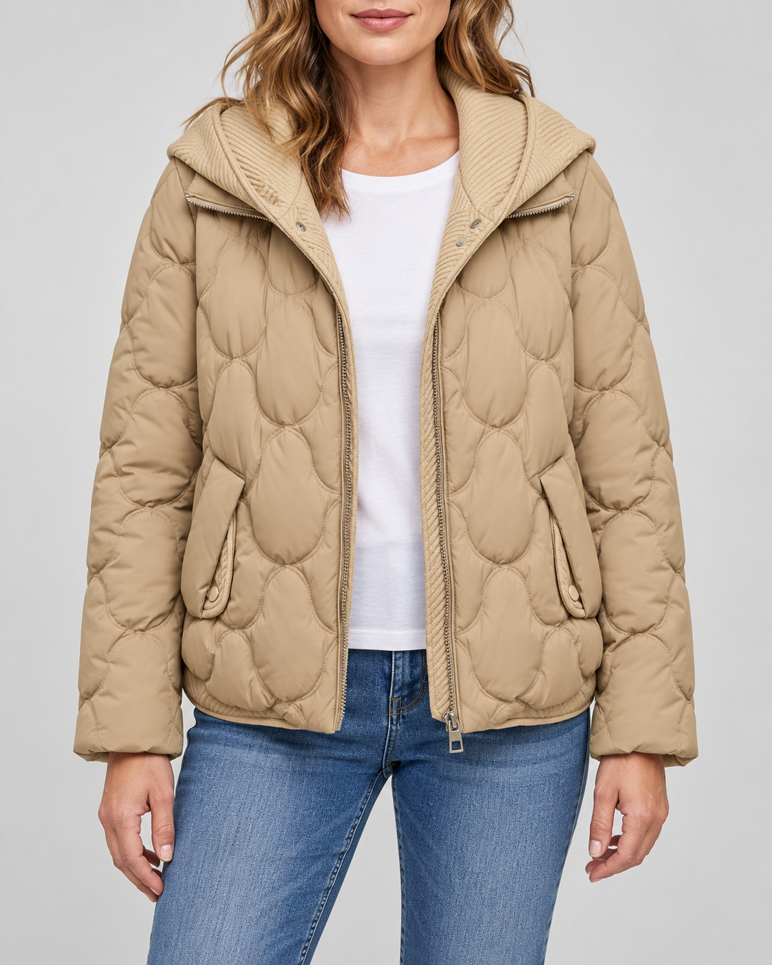 Women's Quilted Jacket with Ribbed Knit Hood and Snap Flap Pockets in Camel – Front View