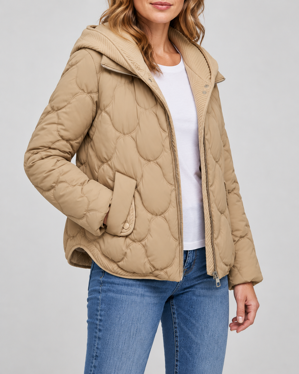 Women's Quilted Jacket with Ribbed Knit Hood and Snap Flap Pockets in Camel – Three-Quarter View