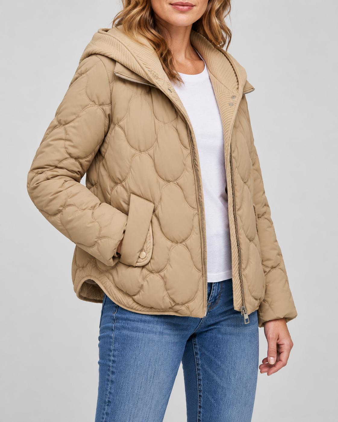 Women's Quilted Jacket with Ribbed Knit Hood and Snap Flap Pockets in Camel – Three-Quarter View